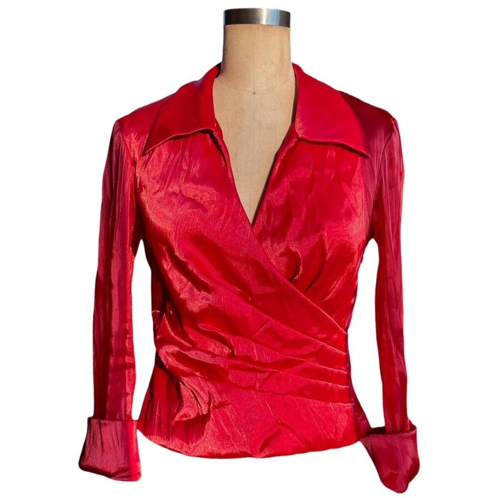 Vintage Cachet Red metallic iridescent fairy satin long sleeve blouse Size 4